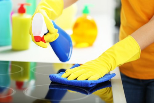 Staff member receiving cleaning and safety training with equipment guidance